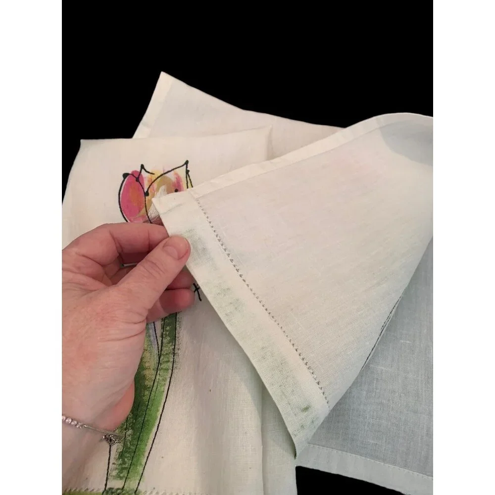 Vintage HAND PAINTED Linen Tea Towels FLORAL Hemstitch Set of 2 NOS 21
